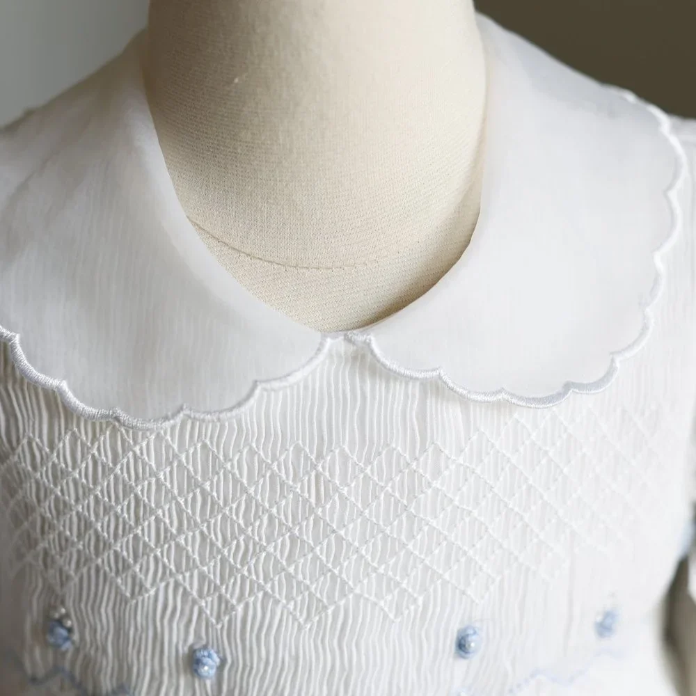 Strasburg Dress White Heirloom Smocked 6x/7 Blue Trim Special Occassion - Picture 4 of 7